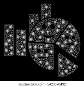 Bright mesh emotion charts with glare effect. Abstract illuminated model of emotion charts icon. Shiny wire frame triangular mesh emotion charts. Vector abstraction on a black background.