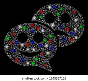 Bright mesh emotion chat messages with lightspot effect. White wire frame triangular mesh in vector format on a black background. Abstract 2d mesh designed with triangular lines, round dots,