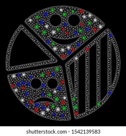 Bright mesh emotion pie diagram with glare effect. White wire frame triangular mesh in vector format on a black background. Abstract 2d mesh designed with triangular lines, round dots,