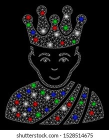 Bright mesh emperor with lightspot effect. White wire frame triangular mesh in vector format on a black background. Abstract 2d mesh designed with triangular lines, small circle, colored flash spots.