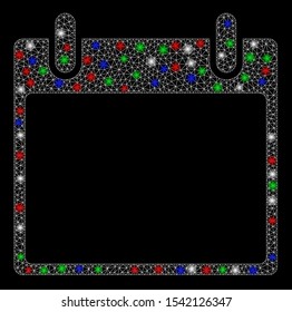 Bright mesh empty calendar leaf with lightspot effect. White wire frame polygonal mesh in vector format on a black background. Abstract 2d mesh designed with polygonal grid, points,