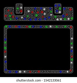 Bright mesh empty calendar page with glare effect. White wire frame polygonal mesh in vector format on a black background. Abstract 2d mesh created from polygonal grid, small circle,