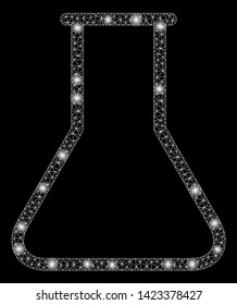 Bright mesh empty flask with lightspot effect. Abstract illuminated model of empty flask icon. Shiny wire carcass polygonal mesh empty flask. Vector abstraction on a black background.