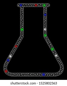 Bright mesh empty flask with lightspot effect. White wire frame triangular mesh in vector format on a black background. Abstract 2d mesh designed with triangular lines, spheric points,