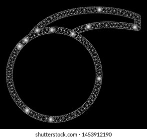 Bright mesh empty special retort with glare effect. Abstract illuminated model of empty special retort icon. Shiny wire carcass triangular mesh empty special retort.