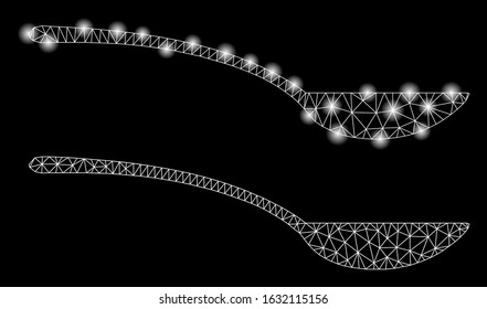 Bright mesh empty spoon with glow effect. Abstract illuminated model of empty spoon icon. Shiny wire frame triangular network empty spoon icon. Vector abstraction on a black background.