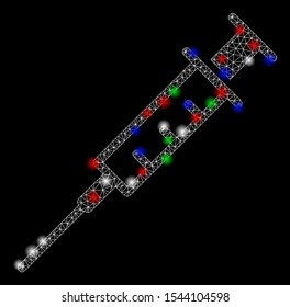 Bright mesh empty syringe with lightspot effect. White wire frame polygonal mesh in vector format on a black background. Abstract 2d mesh built from polygonal grid, small circle, colored glare spots.