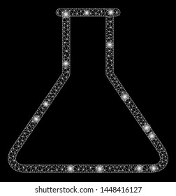 Bright mesh empty wide retort with glare effect. Abstract illuminated model of empty wide retort icon. Shiny wire carcass polygonal mesh empty wide retort. Vector abstraction on a black background.