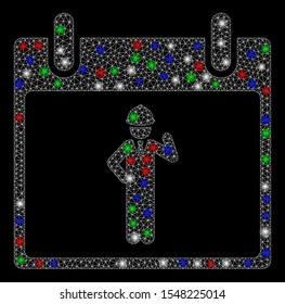 Bright mesh engineer calendar day with glare effect. White wire carcass polygonal network in vector format on a black background. Abstract 2d mesh designed with polygonal grid, spheric points,