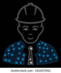 Bright mesh engineer with glare effect. Abstract illuminated model of engineer icon. Shiny wire frame polygonal network engineer. Vector abstraction on a black background.