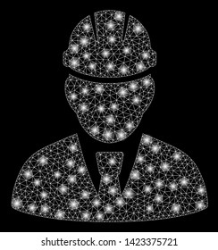 Bright mesh engineer with glare effect. Abstract illuminated model of engineer icon. Shiny wire carcass polygonal mesh engineer. Vector abstraction on a black background.