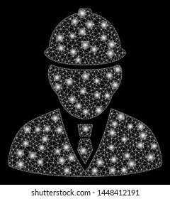 Bright mesh engineer with glare effect. Abstract illuminated model of engineer icon. Shiny wire frame triangular mesh engineer. Vector abstraction on a black background.