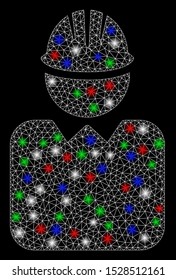 Bright mesh engineer with glare effect. White wire frame polygonal mesh in vector format on a black background. Abstract 2d mesh designed with polygonal grid, spheric points, colorful flash spots.