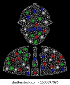 Bright mesh engineer with glare effect. White wire frame polygonal mesh in vector format on a black background. Abstract 2d mesh designed with triangular lines, spheric points, colorful flare spots.