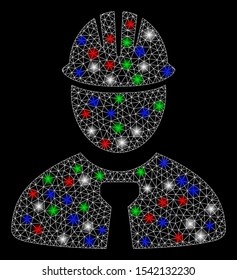 Bright mesh engineer with glare effect. White wire carcass triangular mesh in vector format on a black background. Abstract 2d mesh designed with triangular lines, small circle, colorful glare spots.