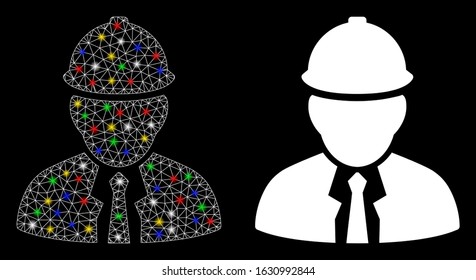 Bright mesh engineer icon with sparkle effect. Abstract illuminated model of engineer. Shiny wire frame polygonal mesh engineer icon. Vector abstraction on a black background.