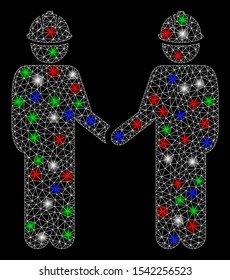 Bright mesh engineer persons handshake with glow effect. White wire carcass triangular mesh in vector format on a black background. Abstract 2d mesh designed with polygonal grid, small circle,