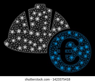 Bright mesh engineering helmet and Euro with glare effect. Abstract illuminated model of engineering helmet and Euro icon. Shiny wire carcass triangular mesh engineering helmet and Euro.