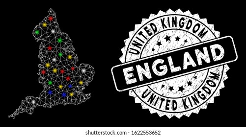 Bright mesh England map with glare effect, and seal stamp. Wire carcass triangular England map network in vector format on a black background. White round seal stamp with scratched texture.