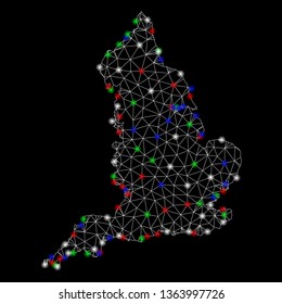 Bright mesh England map with glow effect. Wire carcass polygonal mesh in vector format on a black background. Abstract 2d mesh created from polygonal grid, small circle, colored light spots.