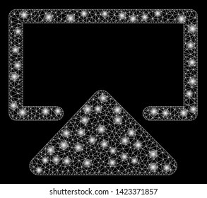 Bright mesh enter with glare effect. Abstract illuminated model of enter icon. Shiny wire carcass polygonal mesh enter. Vector abstraction on a black background.