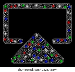 Bright mesh enter with lightspot effect. White wire carcass triangular mesh in vector format on a black background. Abstract 2d mesh created from triangular lines, small circle, colorful flare spots.