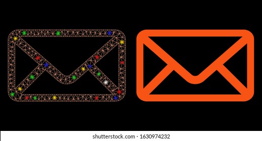 Bright mesh envelope icon with glare effect. Abstract illuminated model of envelope. Shiny wire frame triangular mesh envelope icon. Vector abstraction on a black background.