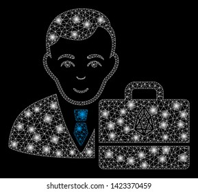 Bright mesh eos accounter with glow effect. Abstract illuminated model of eos accounter icon. Shiny wire carcass triangular mesh eos accounter. Vector abstraction on a black background.