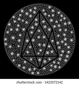 Bright mesh eos currency with glow effect. Abstract illuminated model of eos currency icon. Shiny wire carcass triangular mesh eos currency. Vector abstraction on a black background.