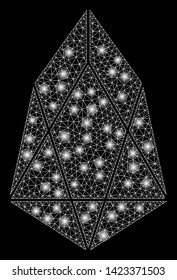 Bright mesh eos currency with lightspot effect. Abstract illuminated model of eos currency icon. Shiny wire frame polygonal mesh eos currency. Vector abstraction on a black background.