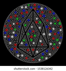 Bright mesh eos currency with lightspot effect. White wire frame triangular mesh in vector format on a black background. Abstract 2d mesh designed with triangular lines, small circle,