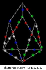 Bright mesh eos currency with lightspot effect. White wire frame triangular mesh in vector format on a black background. Abstract 2d mesh designed with triangular lines, dots, colorful flash spots.