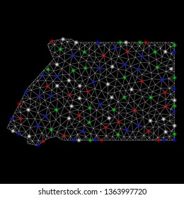 Bright mesh Equatorial Guinea map with lightspot effect. Wire carcass triangular mesh in vector format on a black background. Abstract 2d mesh designed with triangles, spheric points,