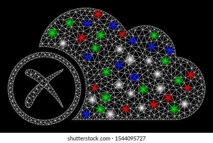 Bright mesh erase with glare effect. White wire frame triangular network in vector format on a black background. Abstract 2d mesh designed with triangles, dots, colored glare spots.