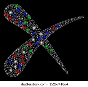 Bright mesh erase with glow effect. White wire frame triangular mesh in vector format on a black background. Abstract 2d mesh created from triangular lines, round dots, colorful light spots.
