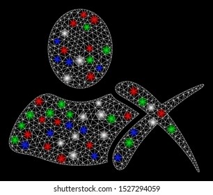 Bright mesh erase with glow effect. White wire carcass triangular mesh in vector format on a black background. Abstract 2d mesh built from triangular lines, spheric points, colored flash spots.