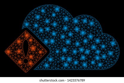 Bright mesh error with glow effect. Abstract illuminated model of error icon. Shiny wire frame triangular mesh error. Vector abstraction on a black background.