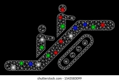 Bright mesh escalator with glow effect. White wire carcass polygonal mesh in vector format on a black background. Abstract 2d mesh designed with polygonal grid, small circle, colored light spots.