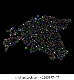 Bright mesh Estonia map with glare effect. Wire carcass triangular mesh in vector format on a black background. Abstract 2d mesh designed with polygonal grid, small circle, colorful glare spots.