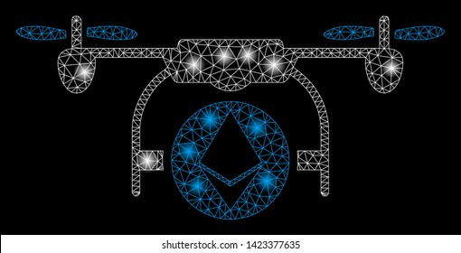 Bright mesh Ethereum airdrone with lightspot effect. Abstract illuminated model of Ethereum airdrone icon. Shiny wire carcass triangular mesh Ethereum airdrone.
