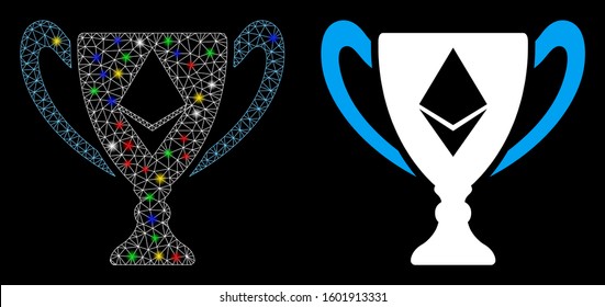 Bright mesh Ethereum award cup icon with sparkle effect. Abstract illuminated model of Ethereum award cup. Shiny wire carcass triangular mesh Ethereum award cup icon.