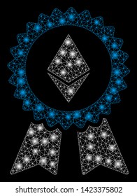 Bright mesh Ethereum award seal with glare effect. Abstract illuminated model of Ethereum award seal icon. Shiny wire carcass polygonal mesh Ethereum award seal.
