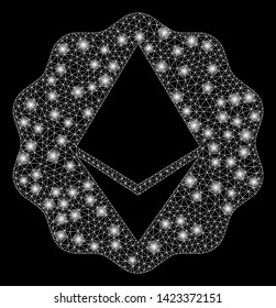 Bright mesh Ethereum badge seal with lightspot effect. Abstract illuminated model of Ethereum badge seal icon. Shiny wire frame triangular mesh Ethereum badge seal.