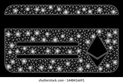 Bright mesh Ethereum banking card with lightspot effect. Abstract illuminated model of Ethereum banking card icon. Shiny wire carcass polygonal mesh Ethereum banking card.