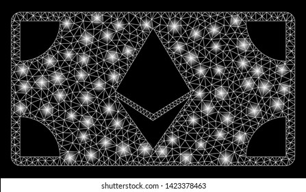 Bright mesh Ethereum banknote with glare effect. Abstract illuminated model of Ethereum banknote icon. Shiny wire carcass triangular network Ethereum banknote.