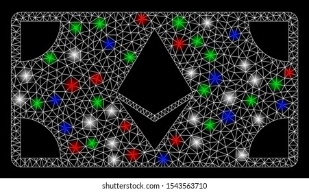 Bright mesh Ethereum banknote with lightspot effect. White wire frame triangular mesh in vector format on a black background. Abstract 2d mesh designed with triangular lines, round dots,