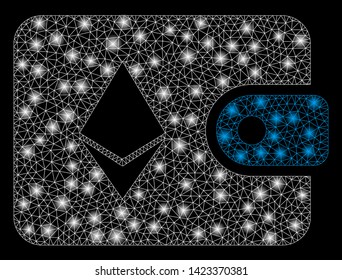 Bright mesh Ethereum billfold with glare effect. Abstract illuminated model of Ethereum billfold icon. Shiny wire carcass polygonal mesh Ethereum billfold. Vector abstraction on a black background.