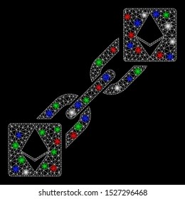 Bright mesh Ethereum blockchain with glow effect. White wire carcass triangular mesh in vector format on a black background. Abstract 2d mesh built from triangular lines, points, colorful glare spots.