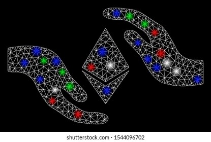 Bright mesh Ethereum care hands with glare effect. White wire frame polygonal mesh in vector format on a black background. Abstract 2d mesh designed with triangular lines, spheric points,