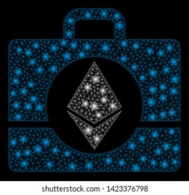 Bright mesh Ethereum case with glare effect. Abstract illuminated model of Ethereum case icon. Shiny wire carcass polygonal network Ethereum case. Vector abstraction on a black background.